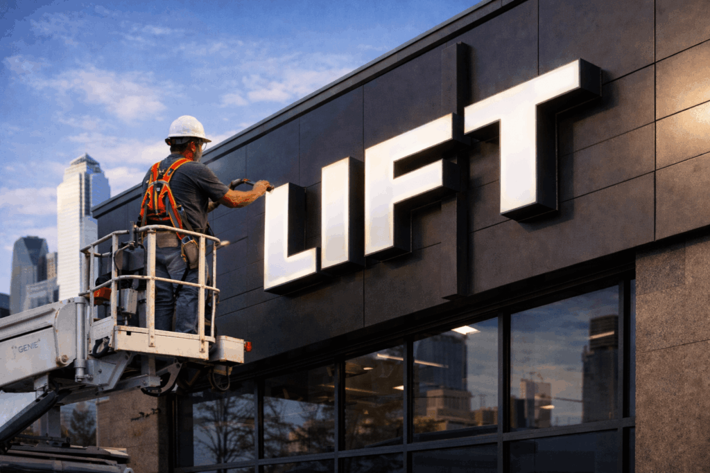 Sign installation in Dallas skyline